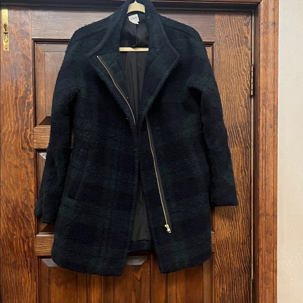 J. Crew Tartan Dark Plaid Pea Coat with Zipper